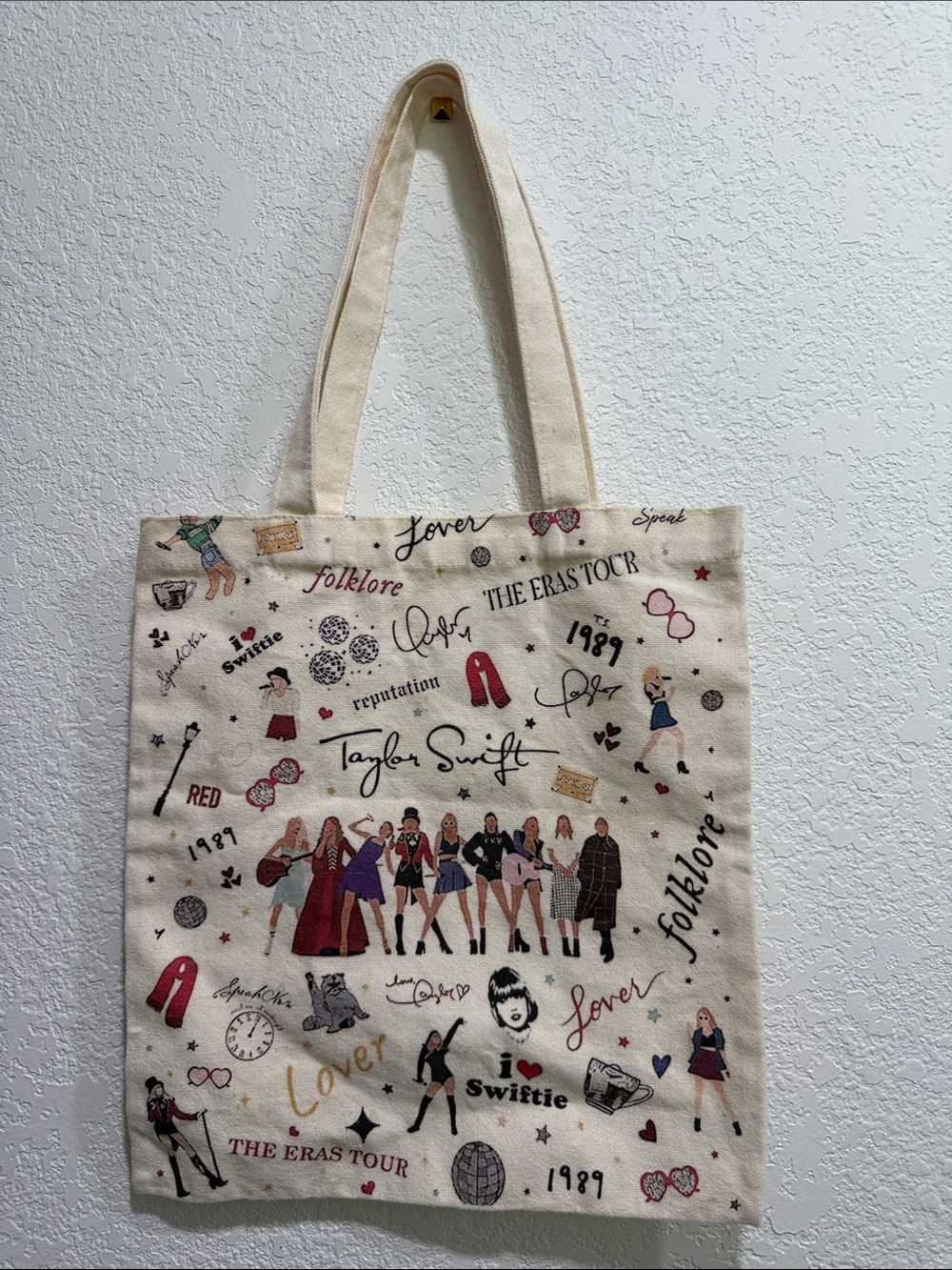 Taylor Swift Cream Canvas Tote with Multicolor Eras Tour Icons